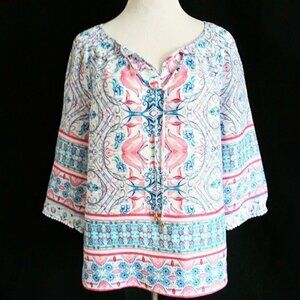 Charter Club Linen Border Print Peasant Boho Top L 3/4 Sleeves Smocking Nice